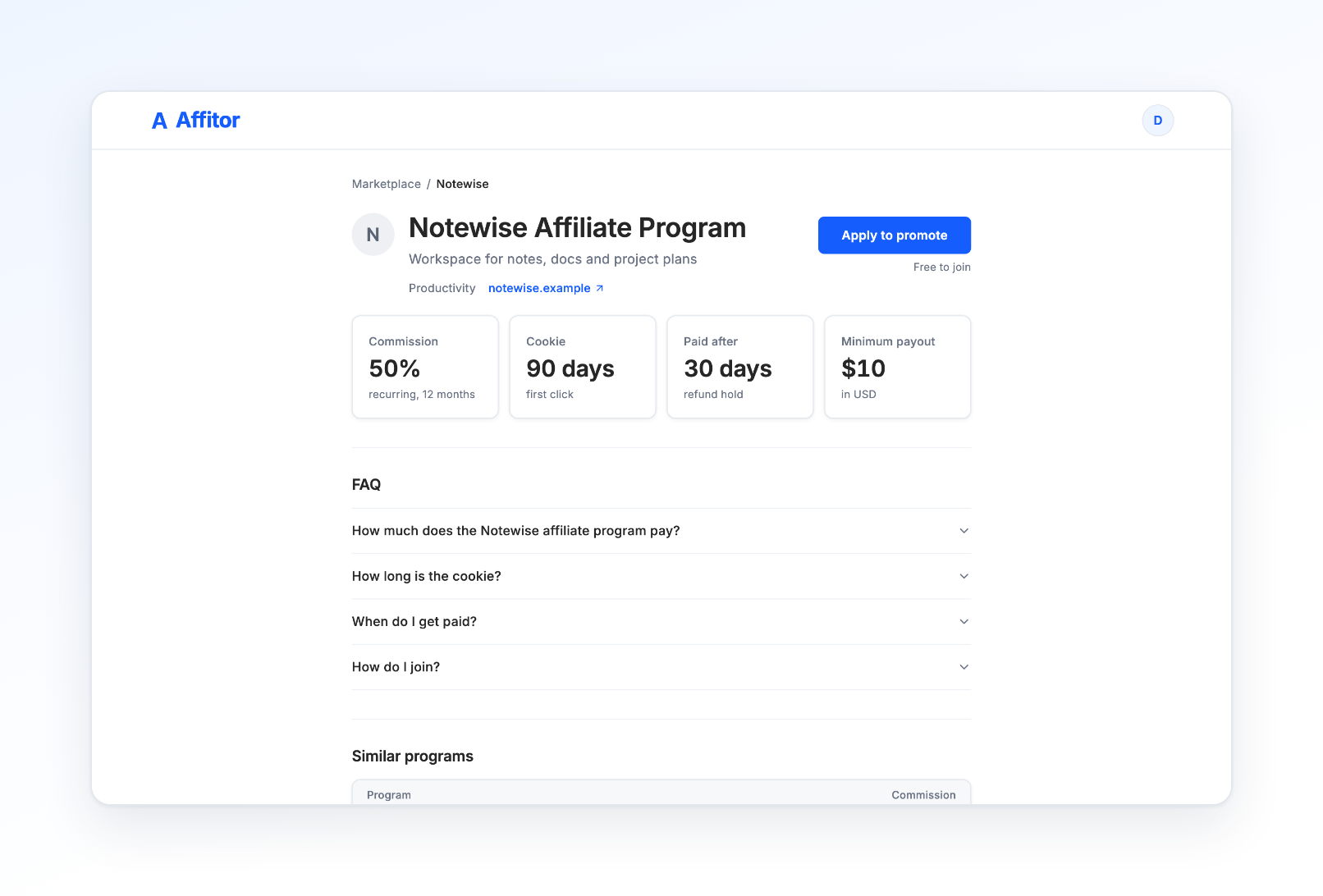 A program page with commission, cookie, paid after and minimum payout tiles