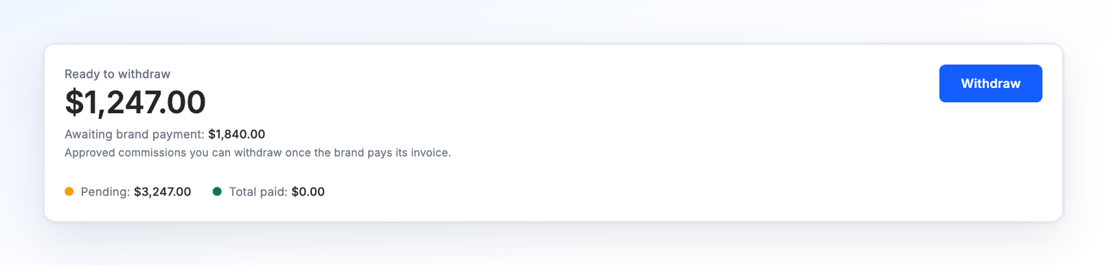 The partner payout page: Ready to withdraw, with Awaiting brand payment underneath